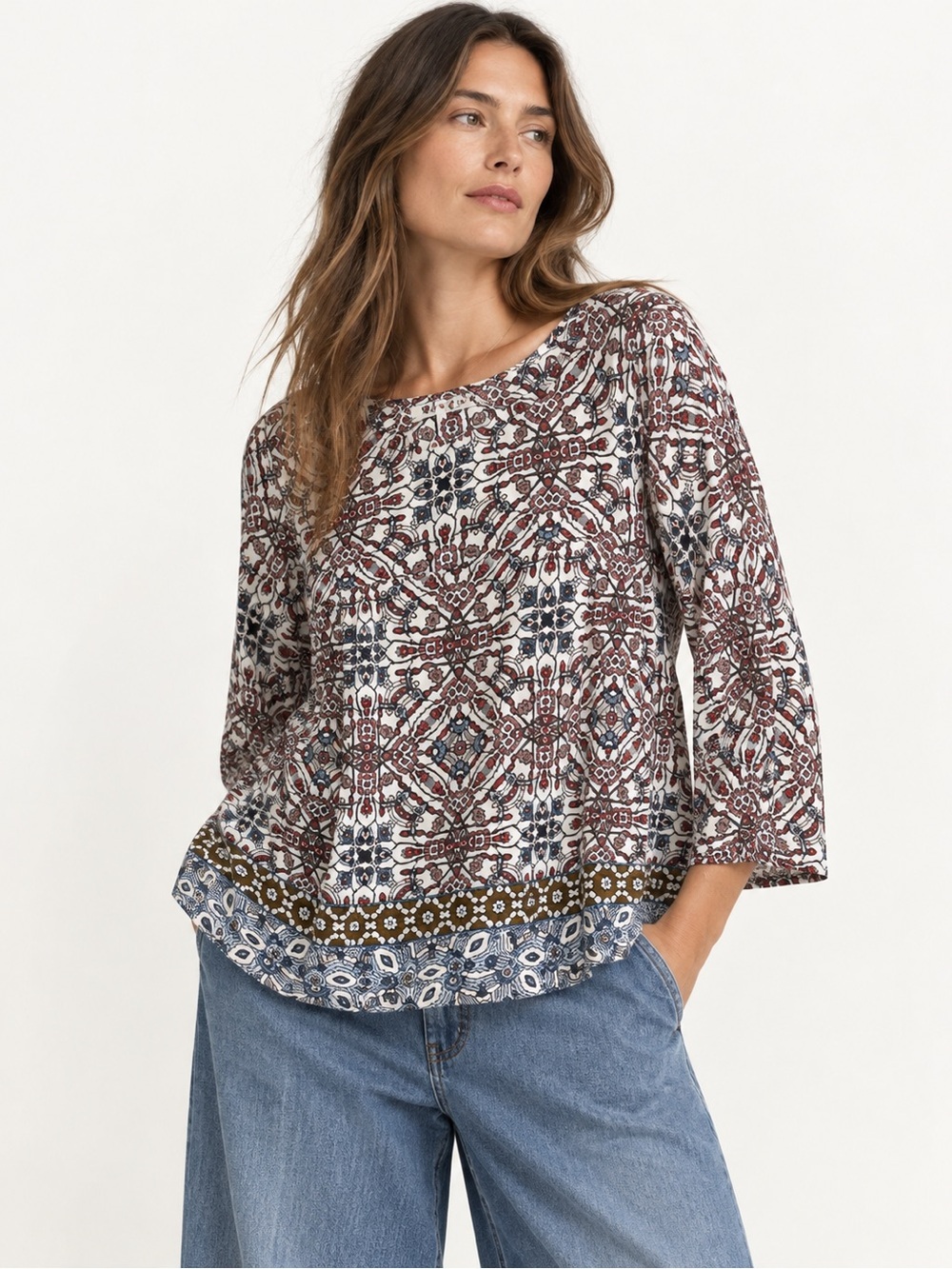 XIRENA moroccan tile print cotton blouse boho blanc island size M